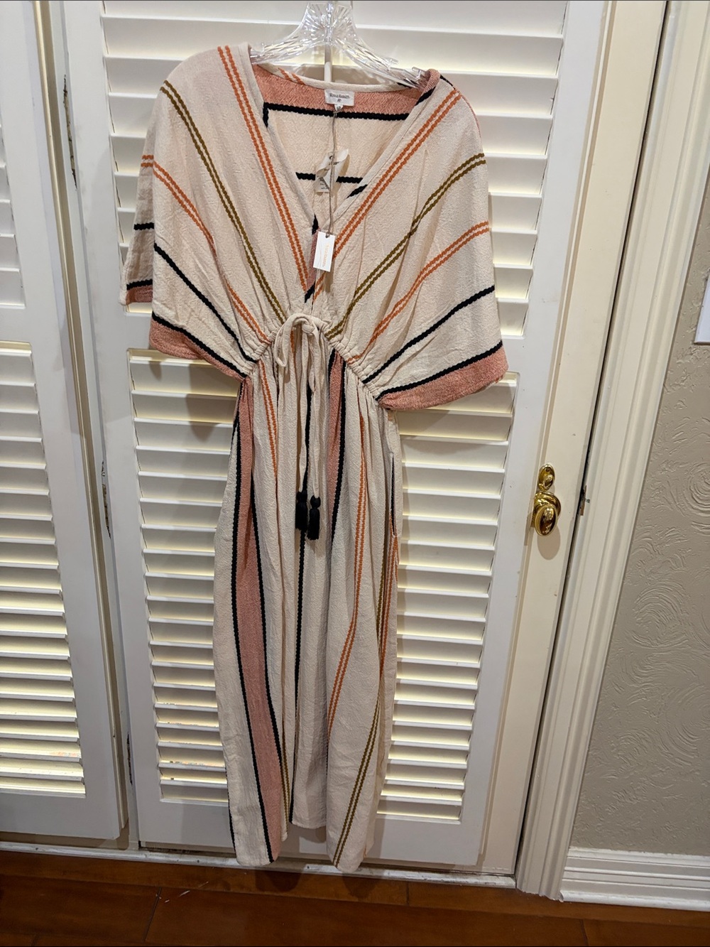 World Market Drawstring  Dress in Cream With Black,Orange and Tan Stripes.S/M
